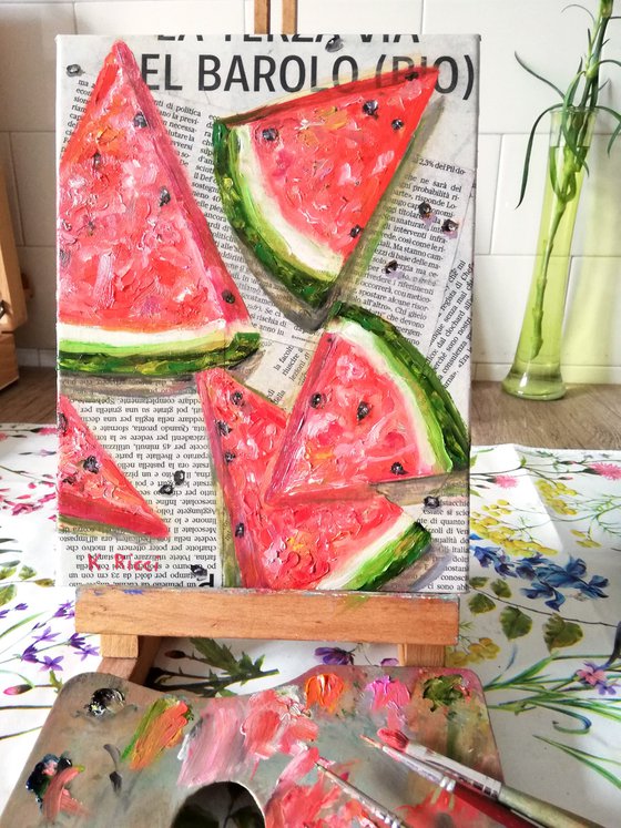 "Watermelon Slices on Newspaper" Original Oil on Canvas Board Painting 7 by 10 inches (18x24 cm)