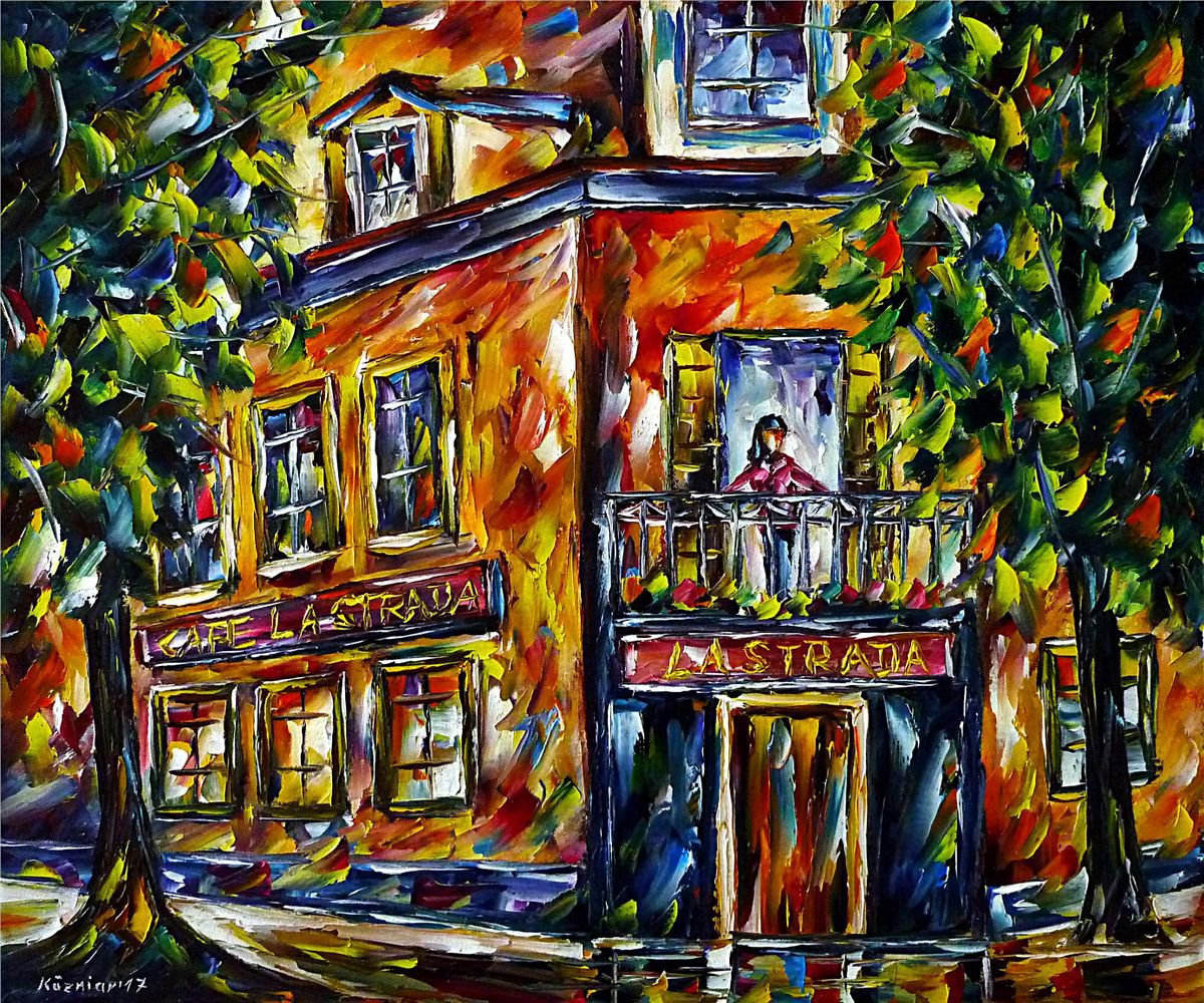 Expressive Cityscapes Oil Painting By Mirek Kuzniar, 24 X 20", Cafe La Strada, Original Artwork