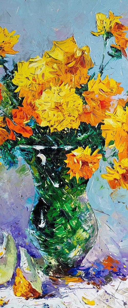 Still life - Yellow flowers (100x80cm, oil painting, palette knife) by Andranik Harutyunyan