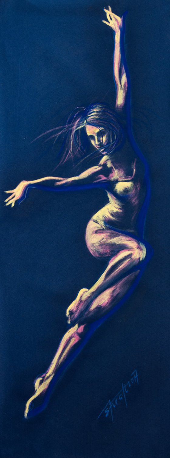 "Jump", original acrylic  and pastels painting on a hand-stretched fabric, 38x90x1cm,ready to hang