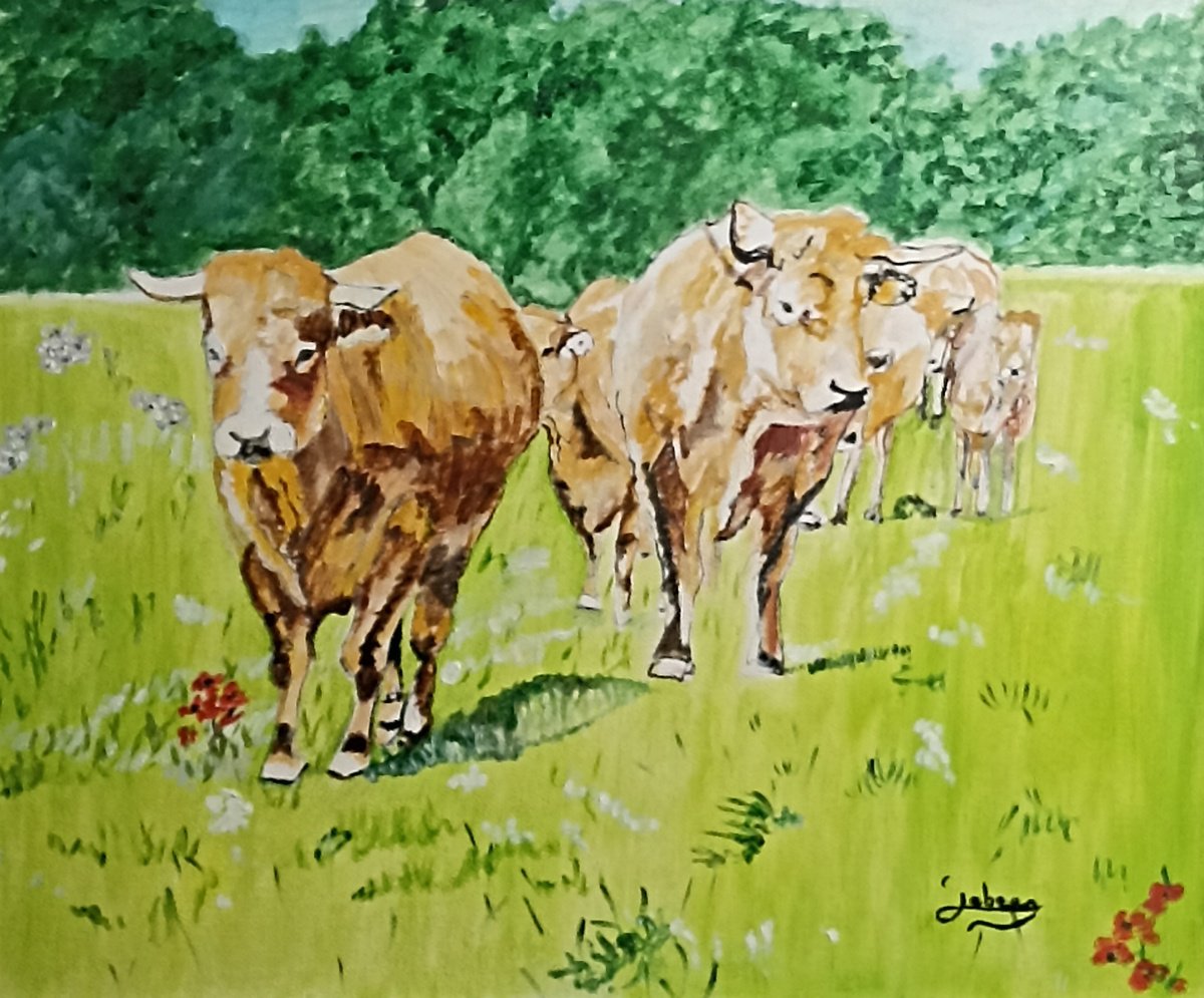 Impressionistic Animal Oil Painting By Isabelle Lucas, 18 X 15, Cows 1, Original Artwork