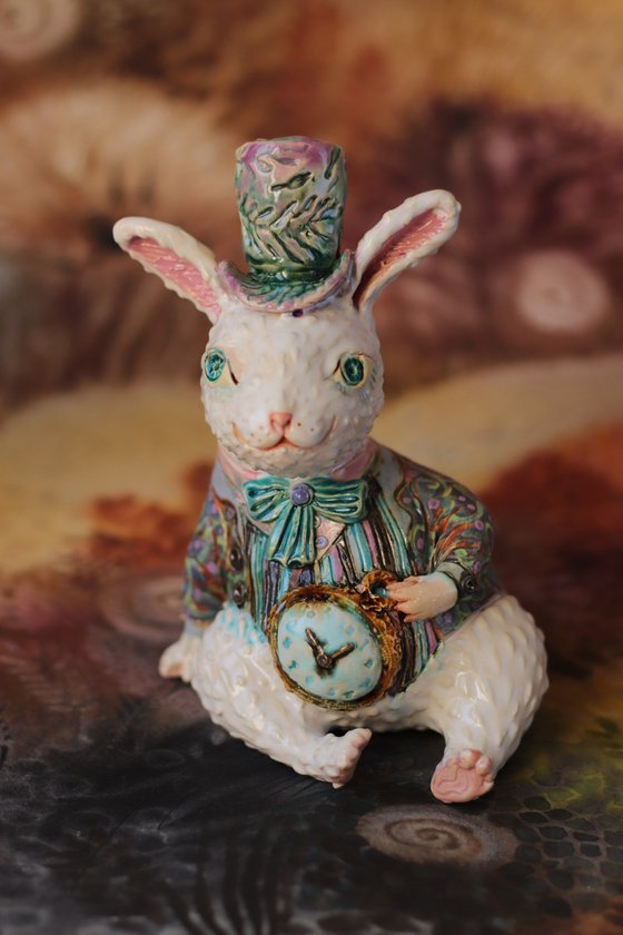 Rabbit with pocket watsch. Ceramic OOAK sculpture.