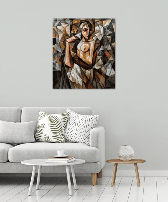 In front of the mirror (80x90cm, cubism, oil painting, ready to hang)