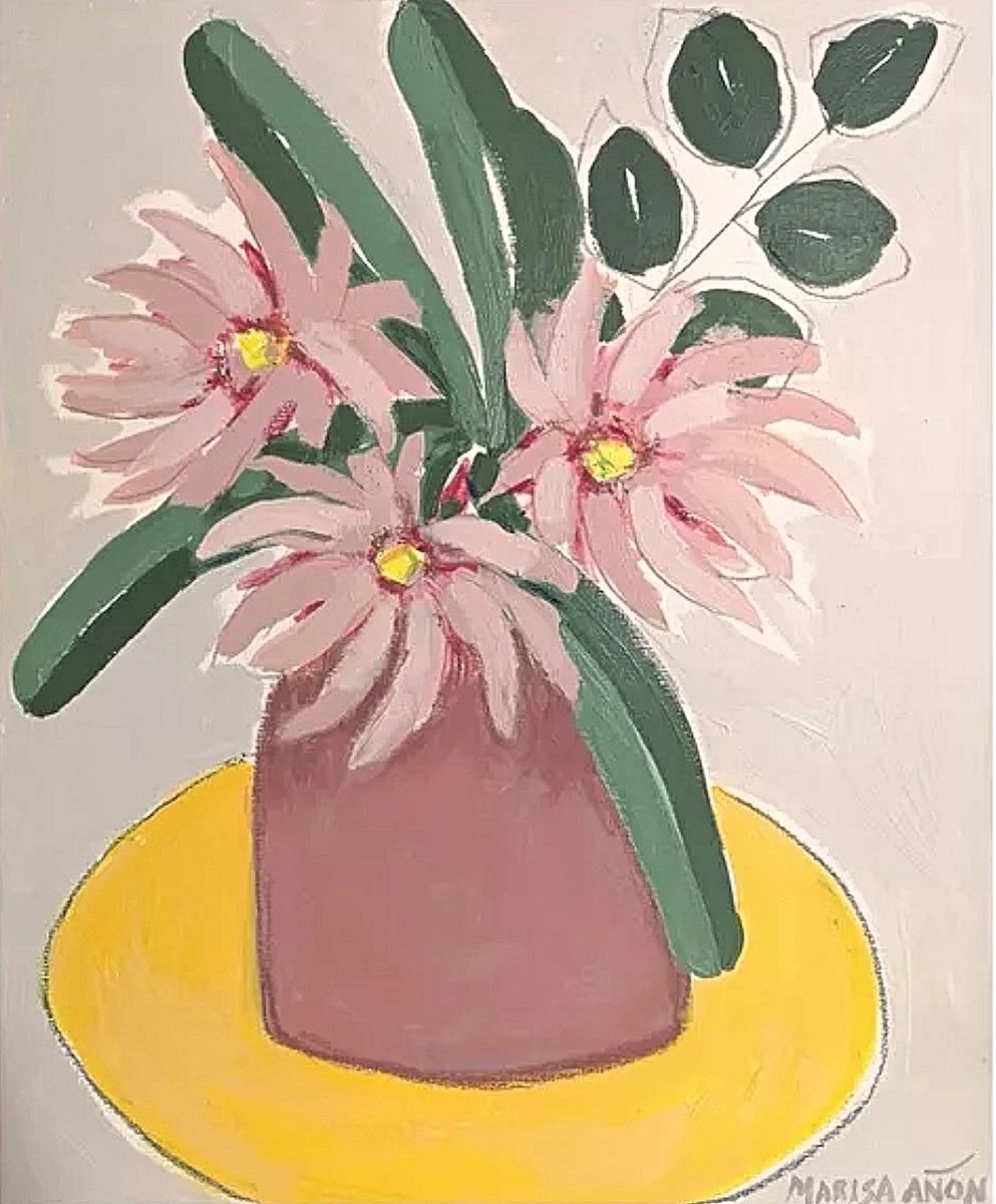 Expressive Botanical Acrylic Painting By Marisa Anon, 15 X 18", The Yellow Mat, Original Artwork