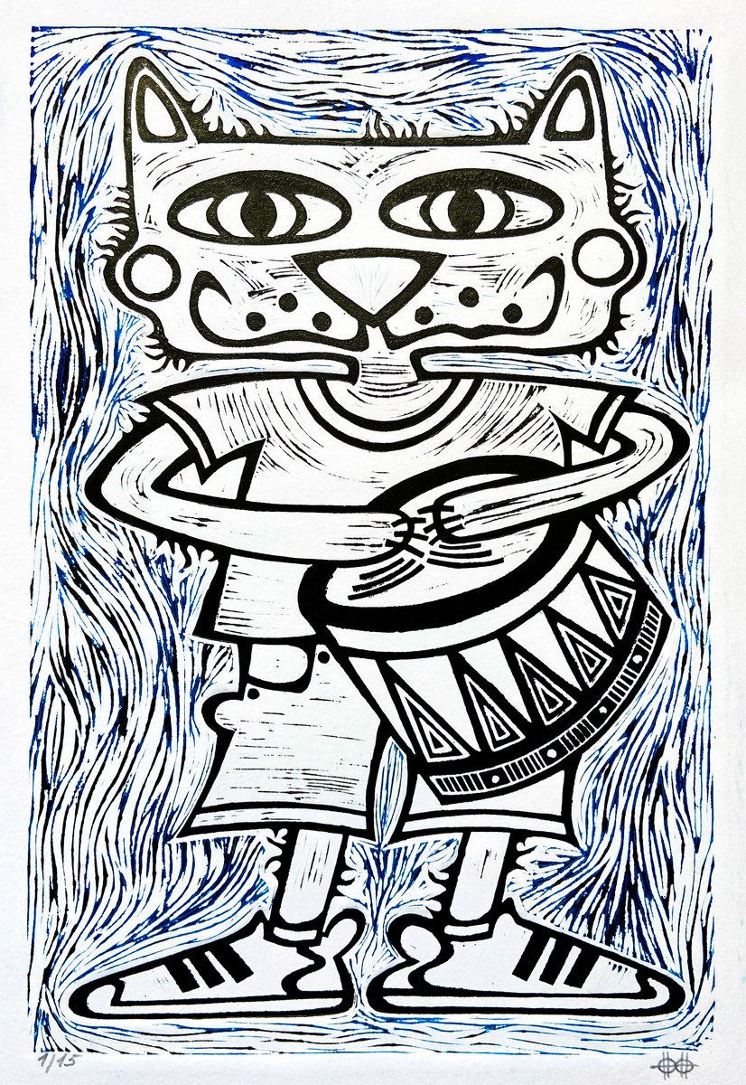 Animal Linocut By Nikita Ostapenco, 11 X 15", ?at With Drum, Original Artwork