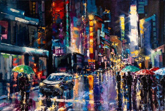 Night city lights, people with umbrellas