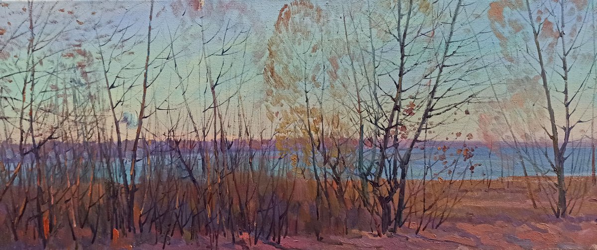 Impressionistic Landscape Oil Painting By Peter Tovpev, 33 X 15", Autumn Landscape, Original Artwork