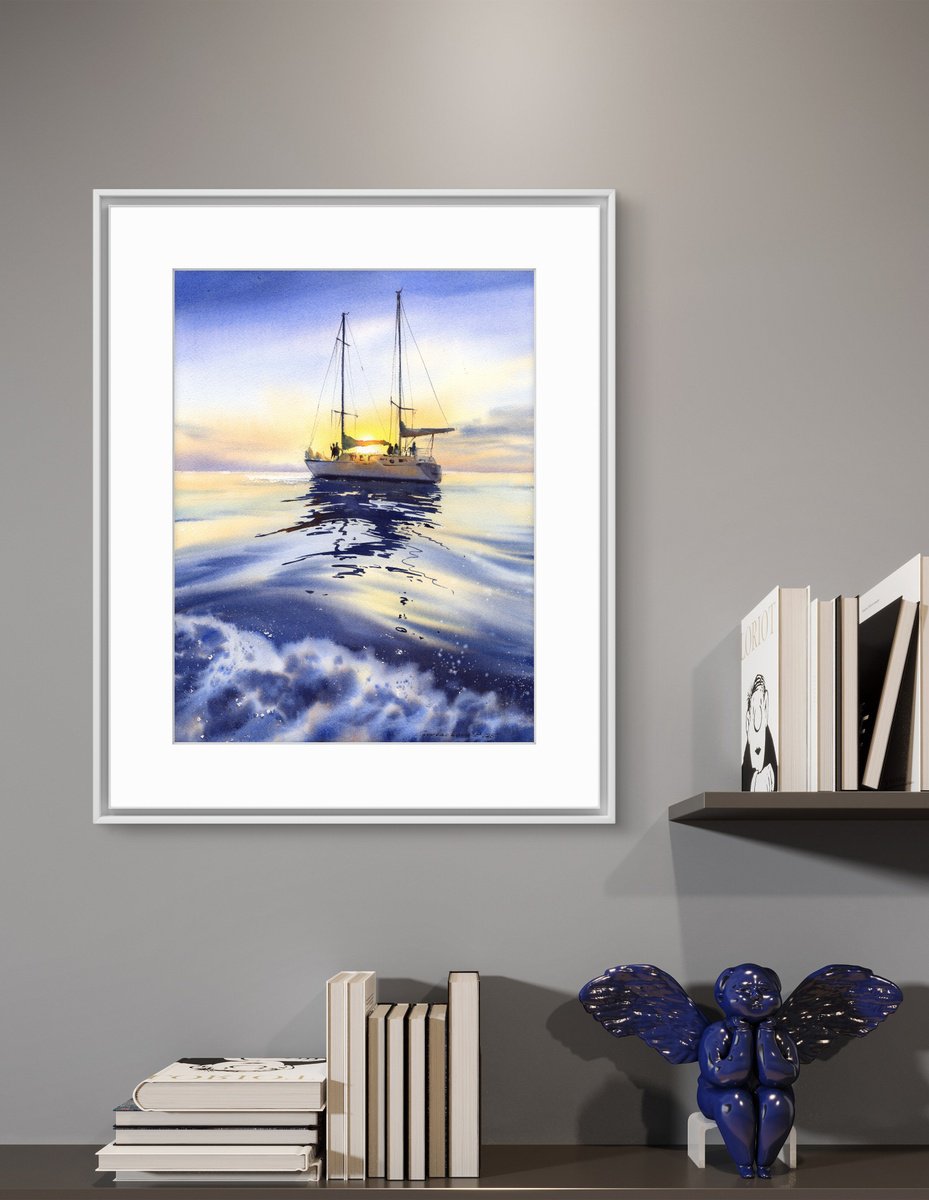 Impressionistic Landscape Watercolour By Eugenia Gorbacheva, 12 X 16, Where The Yacht Meets The Sky #2, Original Artwork