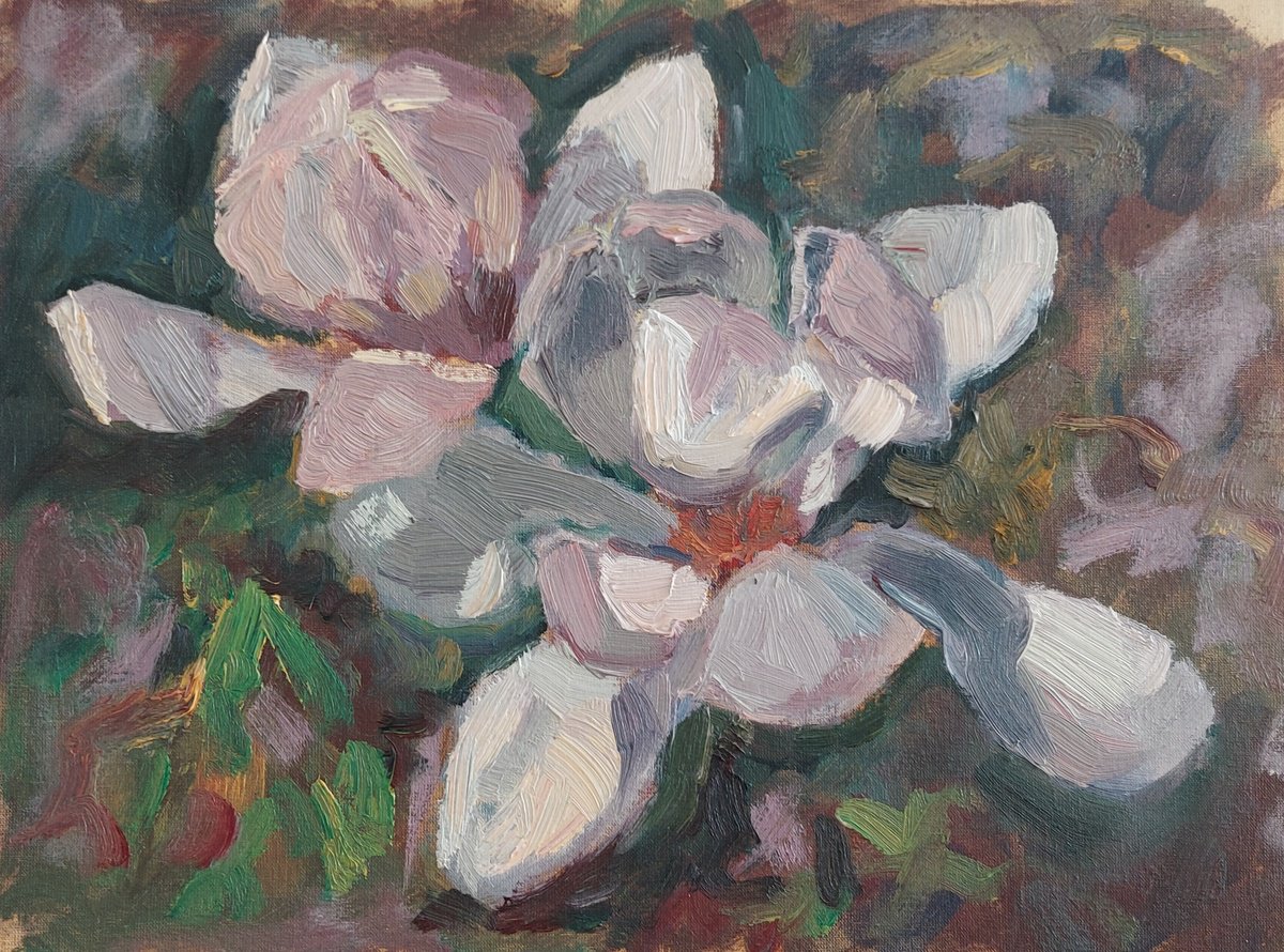 Impressionistic Botanical Oil Painting By Olena Kolotova, 16 X 12", Spring Flowers "Magnolia", Original Artwork