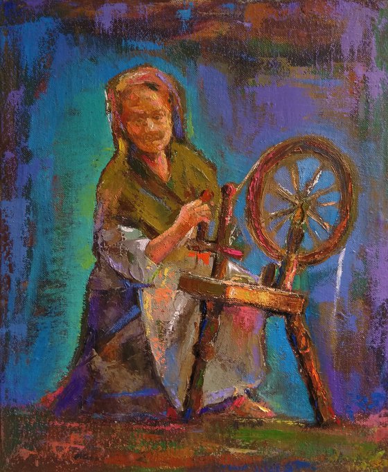 The spinner of thread (40x50cm, oil/canvas, impressionistic figure)