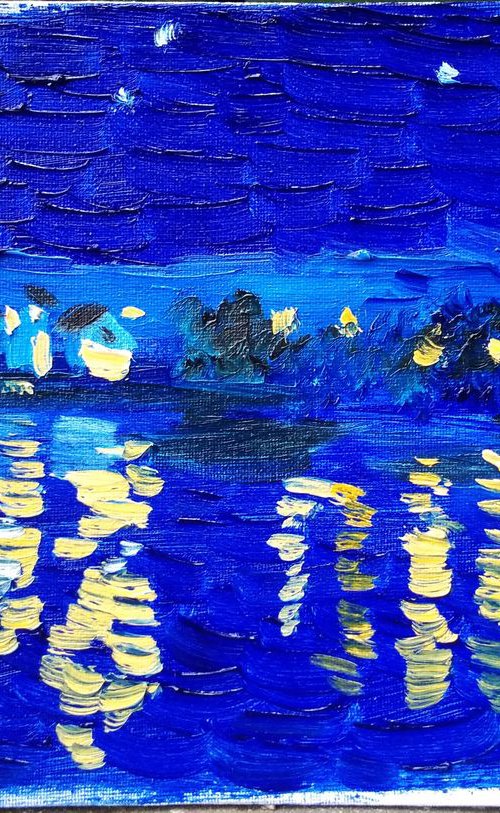 Night view on the Pond in the Village Plein Air Painting by Dmitry Fedorov