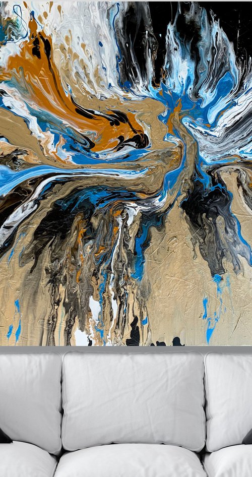 The Shining of Gold #6 - LARGE, VIBRANT, WHITE , GOLD, BLACK & BLUE ABSTRACT ART – EXPRESSIONS OF ENERGY AND LIGHT. READY TO HANG! by Julijana Ravbar