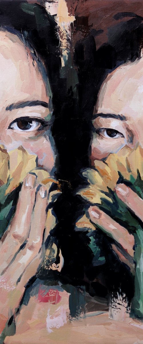 Asian women with sunflowers by Marina Ogai