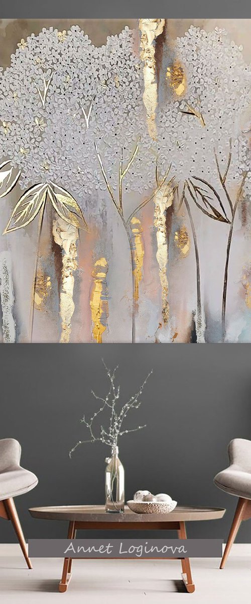 Silver floral abstract painting, Gold Leaf Canvas art by Annet Loginova