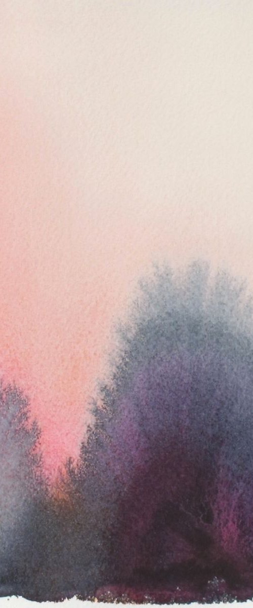 Pink abstract winter landscape - watercolor by Fabienne Monestier