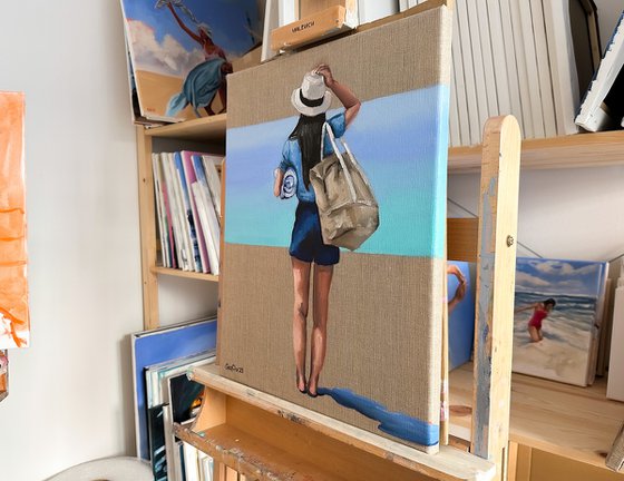 To the Beach - Woman Painting on Linen Canvas