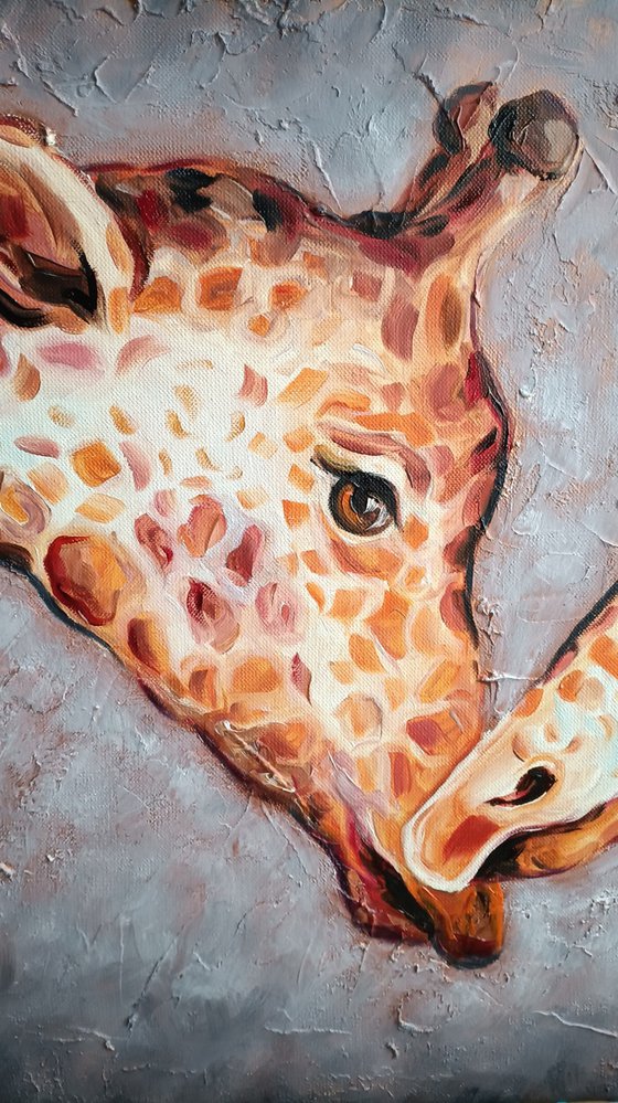 Touch - animal, giraffes, animal face, lovers, painting on canvas, love, gift, animals art, animals oil painting