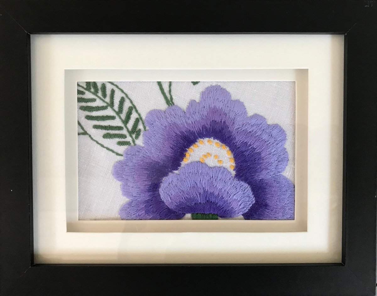 Mauve Anemone - framed vintage Hand embroidered floral artwork by Sarah Gill