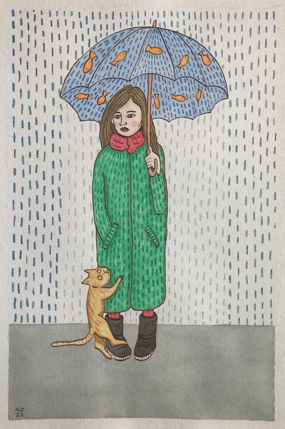 Umbrella & Cat - Mixed-media