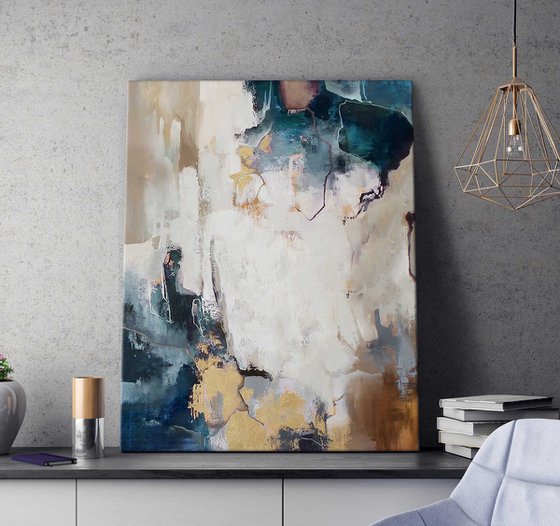 "Breeze" Abstract teal gold gray acrylic art