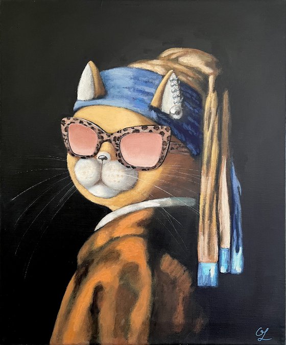 Cat with a Pearl Earring - acrylic painting, famous artist quote, humor