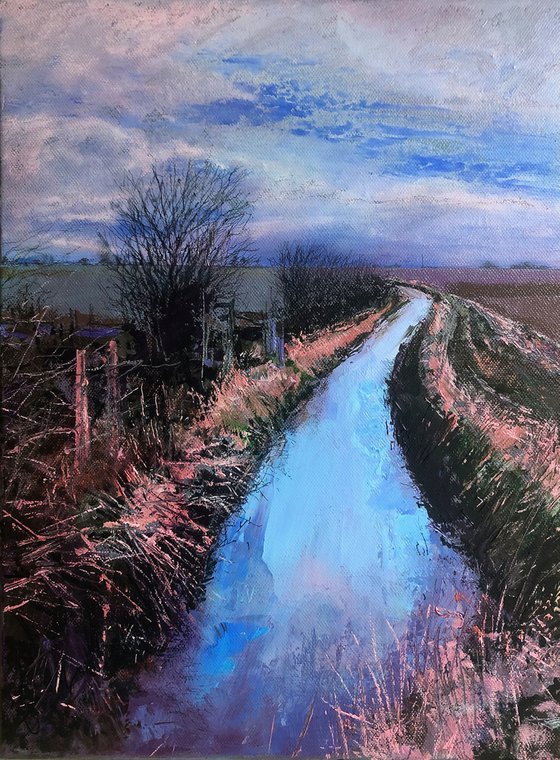 'Winter Stream' River, Landscape, Blue Sky Water Reflections.