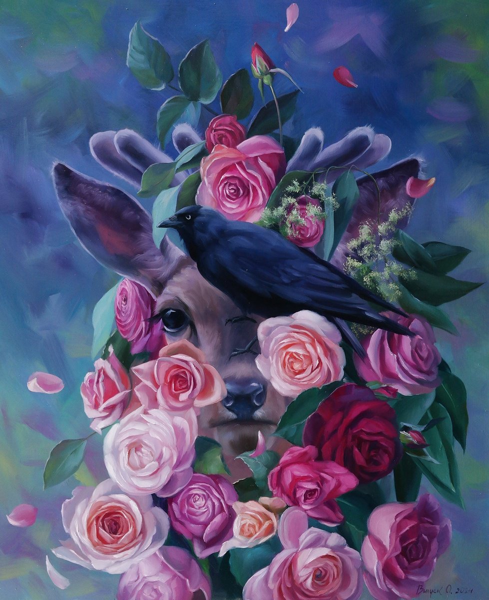 Illustrative Animal Oil Painting By Lena Vylusk, 20 X 24", "Friends", Original Artwork