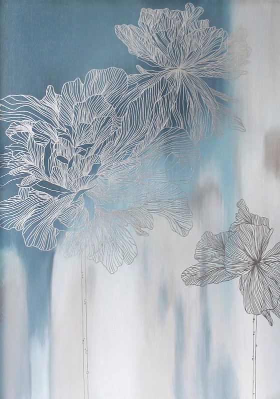 "Silver Thinness 2" Floral blue silver art