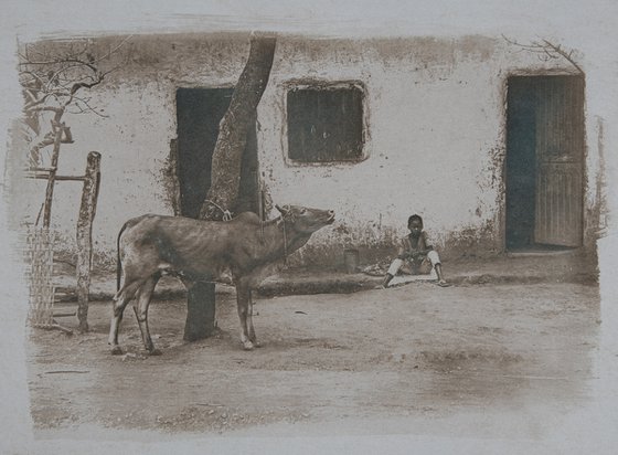 Cyanotype Print, Tea Toned, African Village