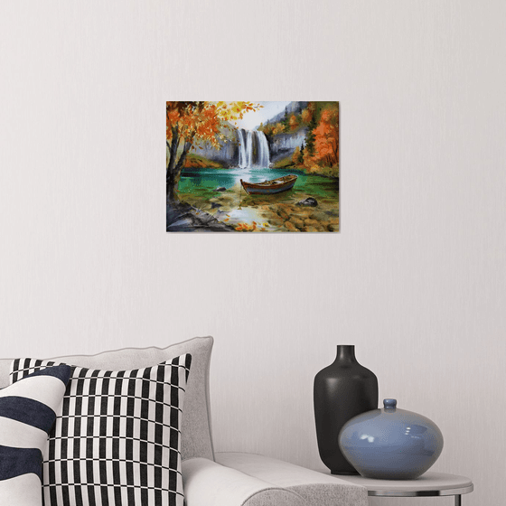 Boat Beneath Autumn’s Cascade