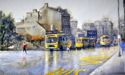 Belgrade rapsody in yellow 54x90cm 2023 by Nenad Kojić watercolorist
