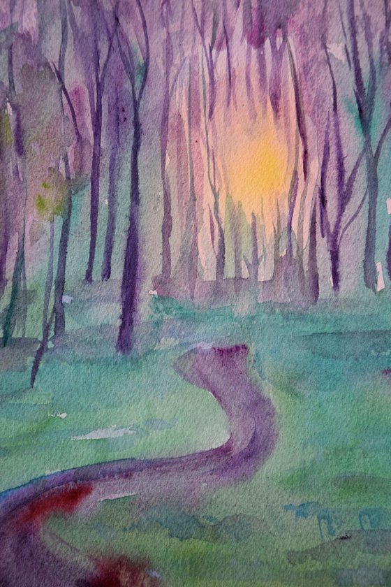 Sunset forest original watercolor painting Sun through trees