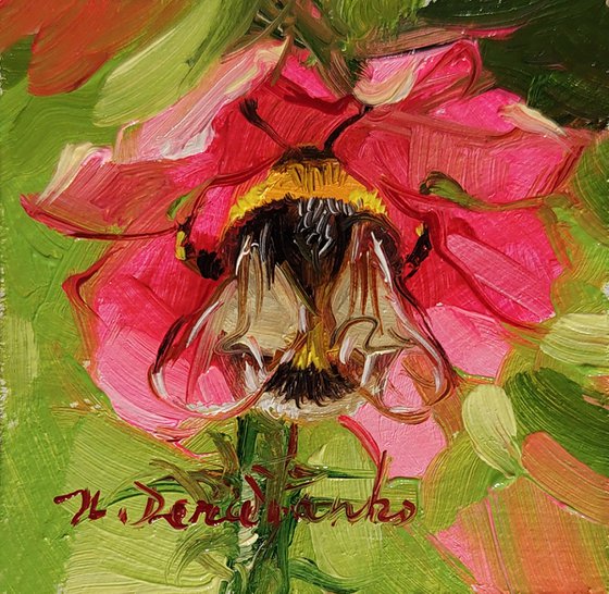 Bumblebee art oil painting original 2x2, Bee artwork green pink in gold blue frame, Honey bee wall art tiny, Dad gift