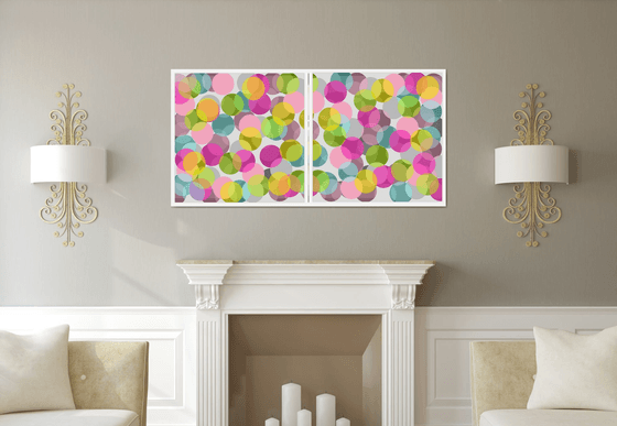 Abstract multicolored bright circles pink gray green turquoise- Diptych #1 & #2