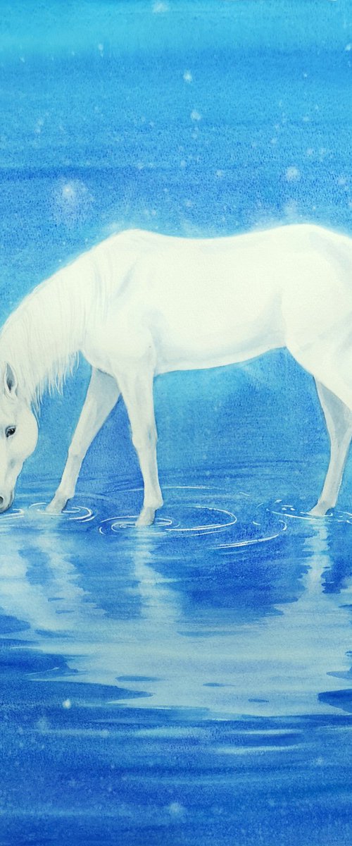 Moonlit Stillness White Horse by Olga Beliaeva Watercolour