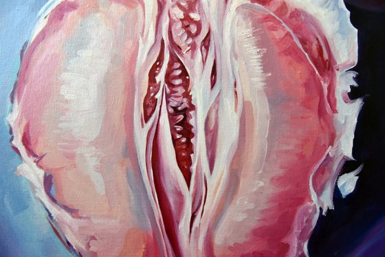 JUST GRAPEFRUIT _ oil on canvas, pink, erotic art, fruit, office decor, pop art, purple blue, nude