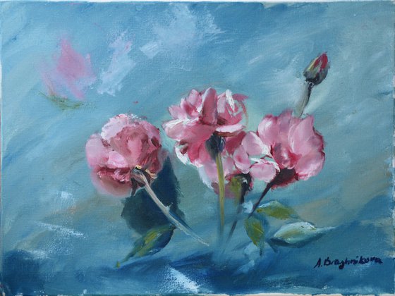 Original oil painting Roses on the marine background flowers Roses Art Home Decoration blue turquoise pink Roses Love Inspiration impressionism Garden Wall Art Rose Garden botanical