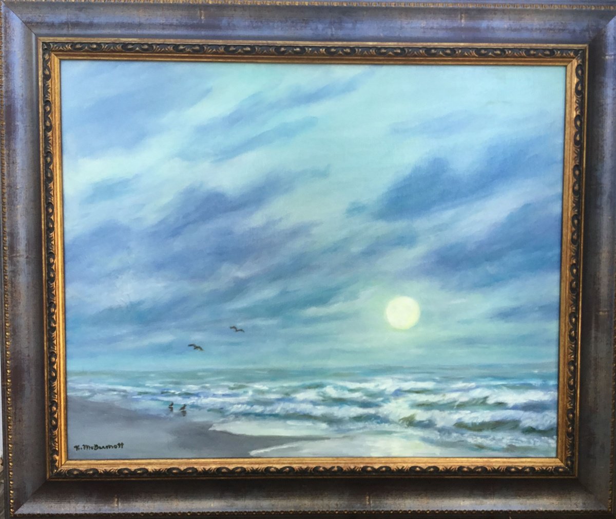 Impressionistic Landscape Oil Painting By Kathleen Mcdermott, 25 X 21", Full Moon - Myrtle Beach, Original Artwork