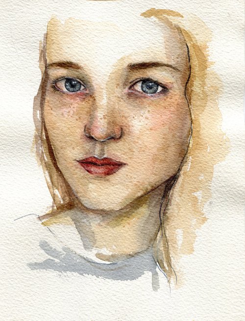 Watercolor beautiful girl portrait by Liliya Rodnikova