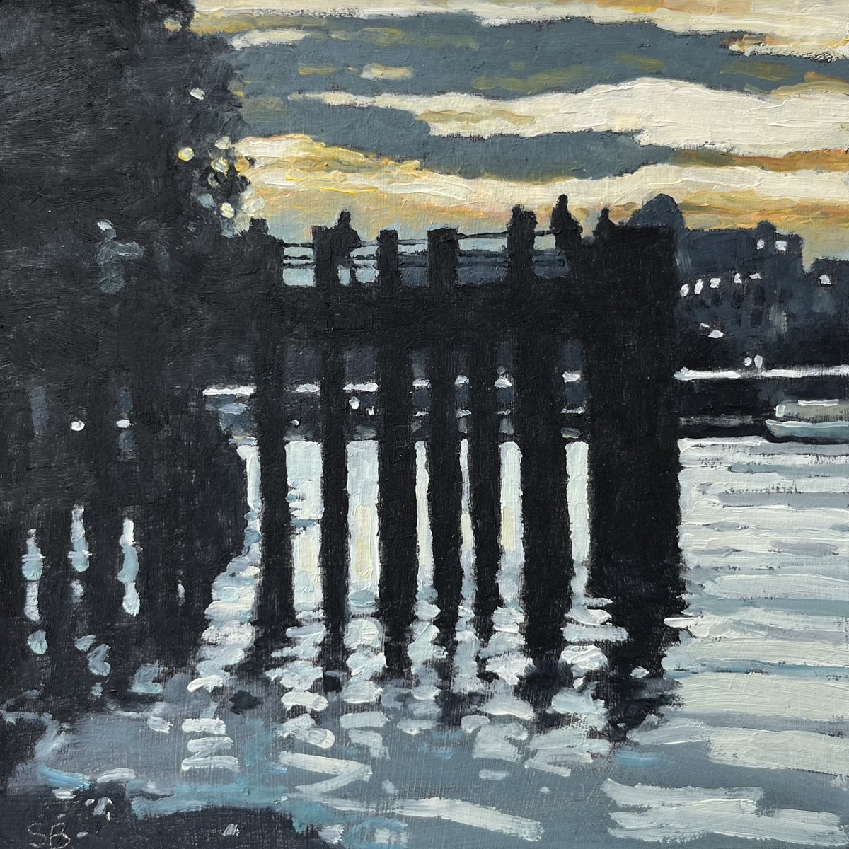 Impressionistic Cityscapes Oil Painting By Stephen Brook, 8 X 8", Jetty., Original Artwork
