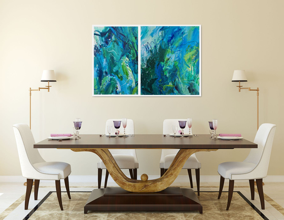 Diptych Jungle. Abstract green painting.