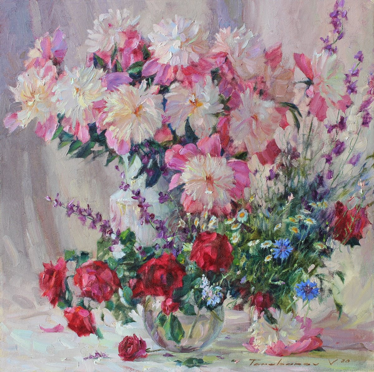Impressionistic Botanical Oil Painting By Volodymyr Tarabanov, 24 X 24", Bouquet Of May Flowers, Original Artwork
