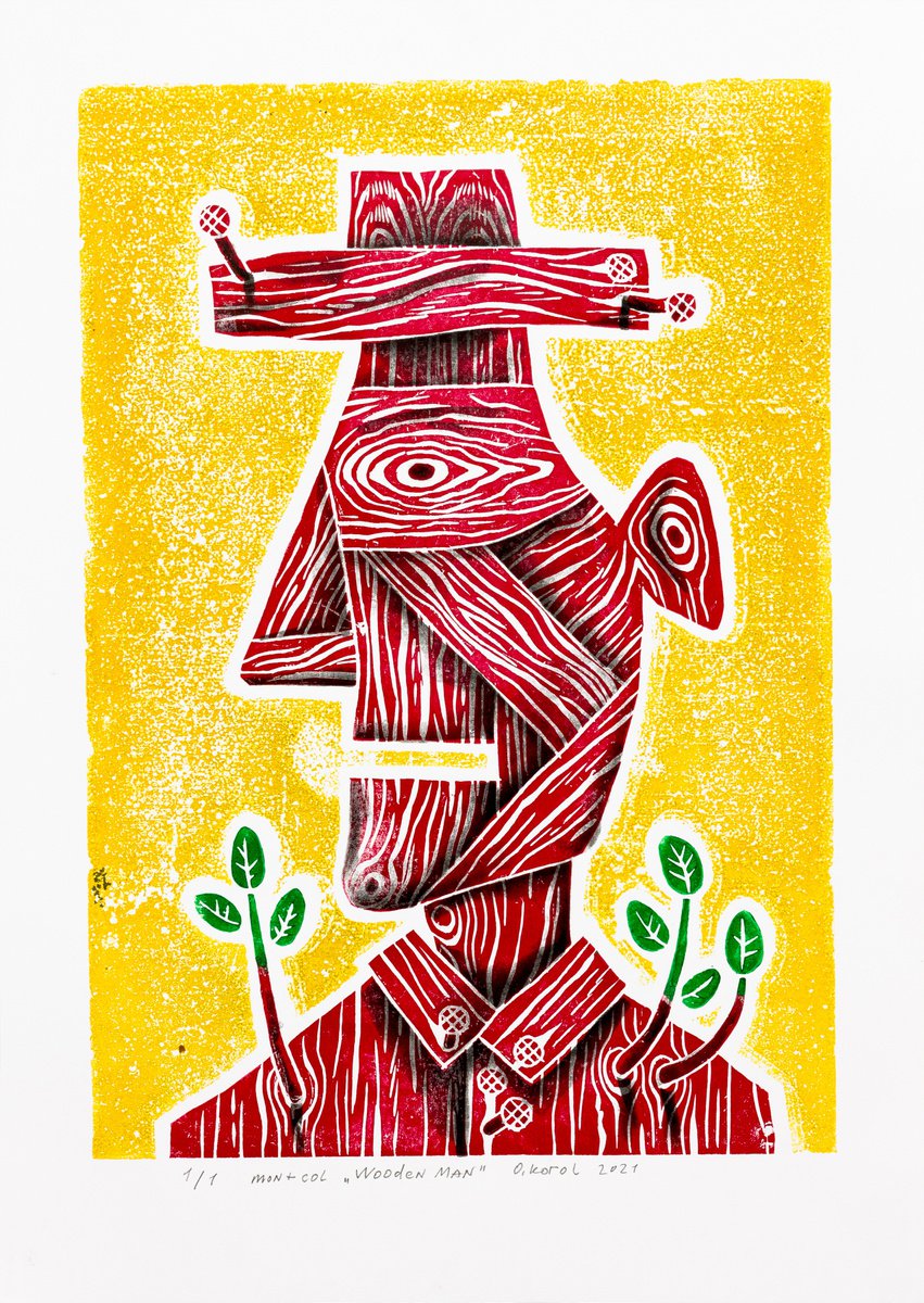 Portrait Limited Edition Print By Oleksandr Korol, 17 X 24", Wooden Man, Original Artwork