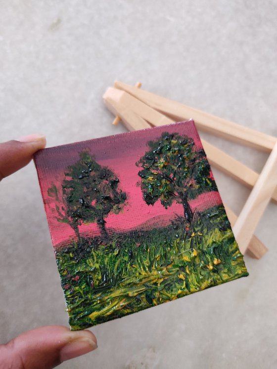 Beautiful pink sky landscape - oil painting landscape on mini canvas