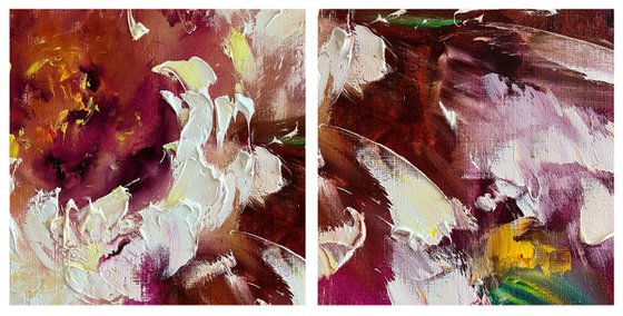 COLOR OF LIFE 2 SET - Harmonious diptych. Floral abstraction. Bud. Strokes. Refined peony. Riot of colors.