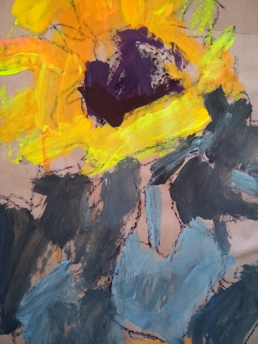 Naive Animal Acrylic Painting By Valerie Lazareva, 22 X 25", #49/24Tiger Cat With Sunflower, Original Artwork