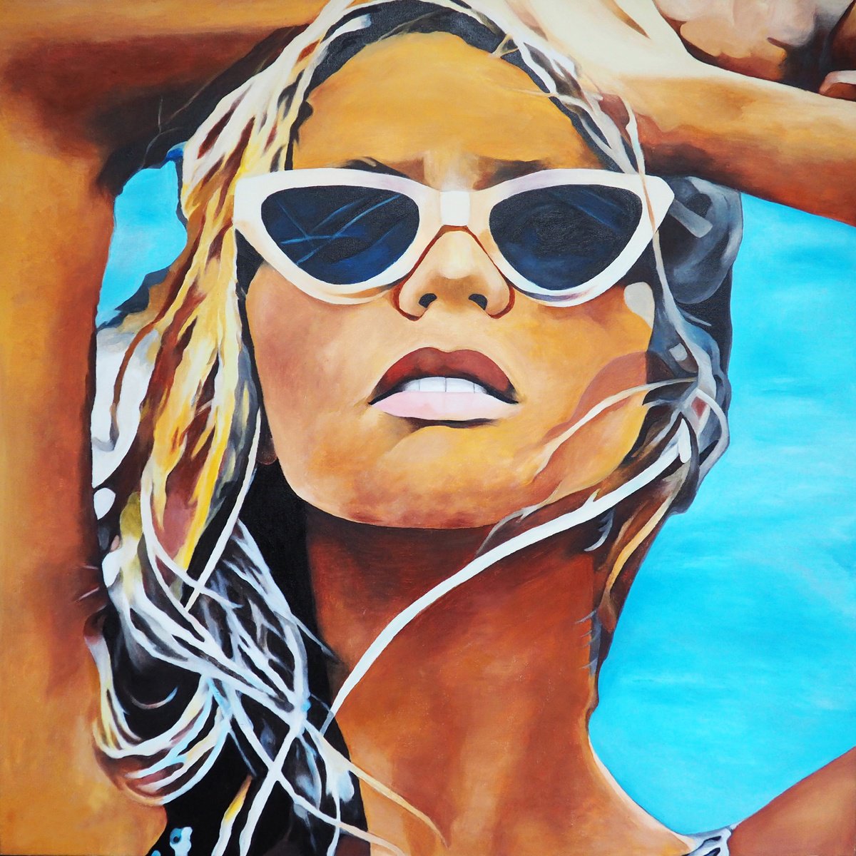 Impressionistic Portrait Acrylic Painting By Nicolas Goia, 39 X 39", Summer Tan, Original Artwork