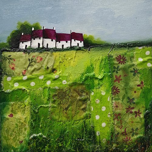 Terrace on Green patchwork Field Textured Landscape by Jane Palmer Art