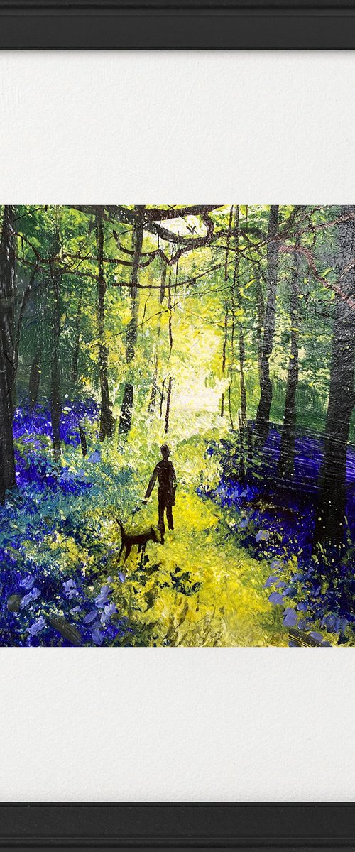 Seasons - Spring among Bluebells with the dog framed by Teresa Tanner