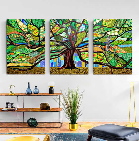 Green abstract painting Tree of life. Large abstract wall art